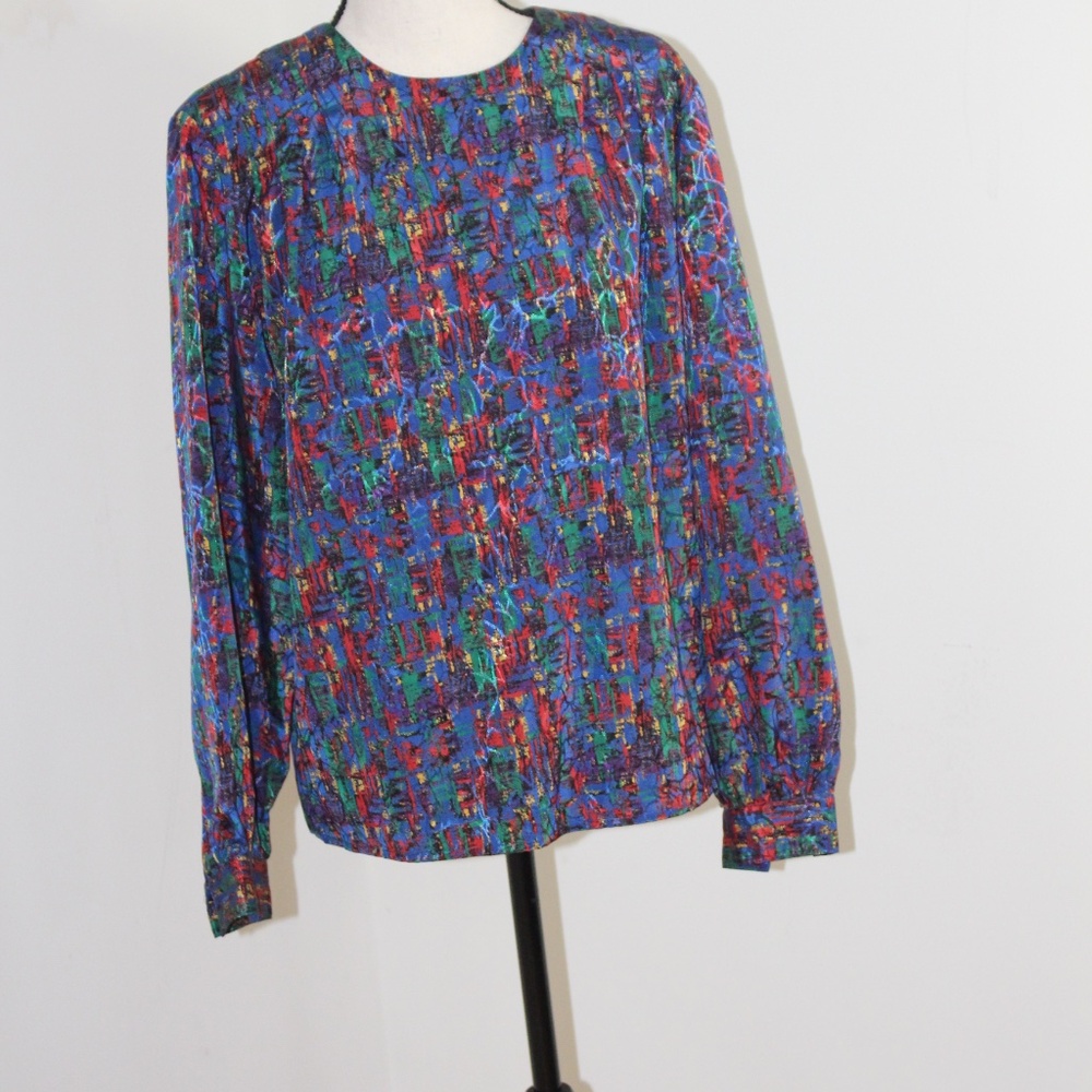 Notations, Vintage vibrant colorful abstract long sleeve blouse